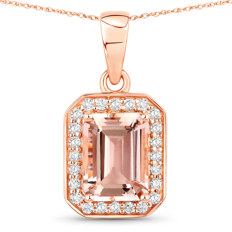 1.51 Carat Genuine Morganite and White Diamond 14K Rose Gold Pendant