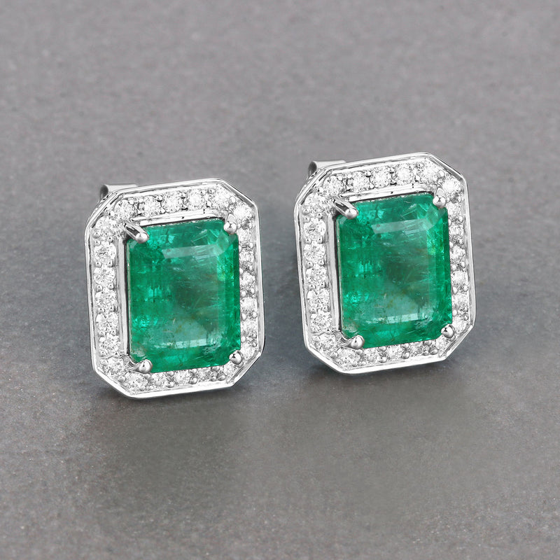 IGI Certified 5.24 Carat Genuine Zambian Emerald and White Diamond 14K White Gold Earrings