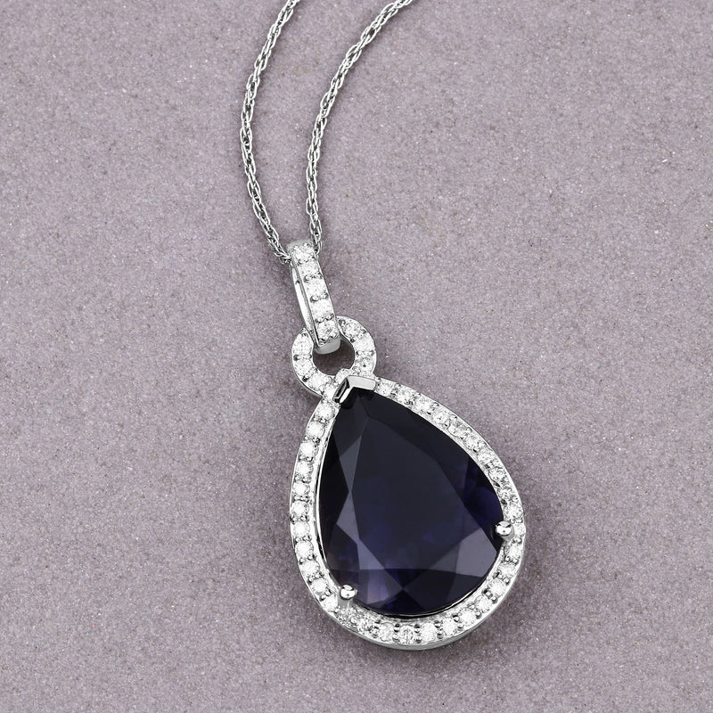 6.41 Carat Genuine Iolite and White Diamond 14K White Gold Pendant