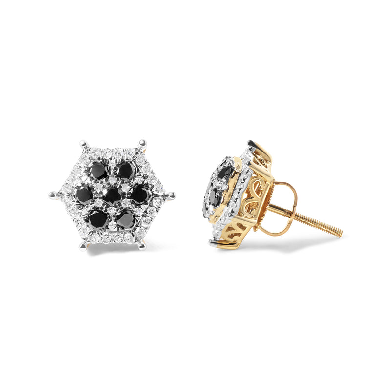 Men's 10K Yellow Gold 7/8 Cttw Black Diamond Hexagon and Pinwheel Halo Stud Earring (I-J Color, I2-I3 Clarity)