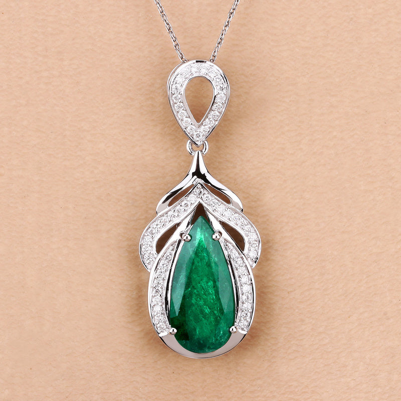 IGI Certified 4.14 Carat Genuine Zambian Emerald and White Diamond 14K White Gold Pendant