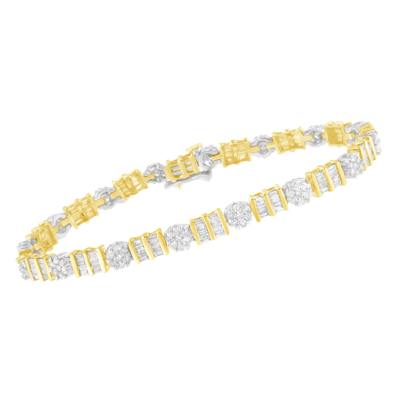 14K White and Yellow Gold 3-3/8 Cttw Round & Baguette-Cut Diamond Cluster Two Tone Alternating Station 7" Tennis Bracelet (H-I Color, I1-I2 Clarity)