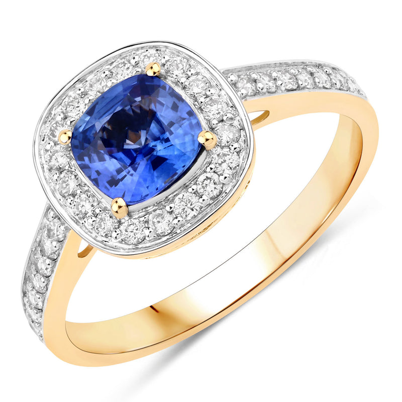 1.31 Carat Genuine Blue Sapphire and White Diamond 18K Yellow Gold Ring