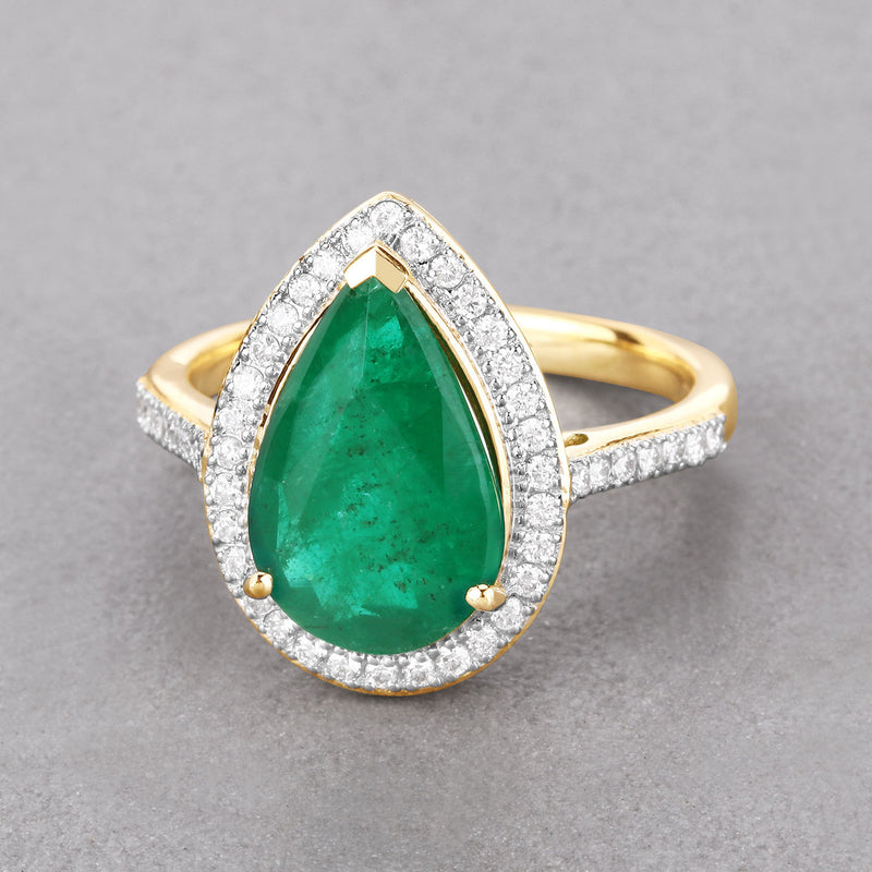 IGI Certified 3.71 Carat Genuine Zambian Emerald and White Diamond 14K Yellow Gold Ring