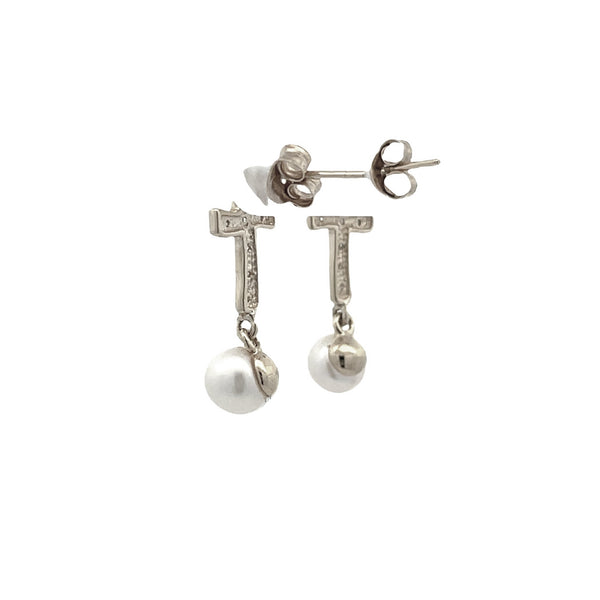 .01ct FW Pearl Diamond Cross Earrings Sterling Silver