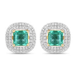 2.87 Carat Genuine Emerald and White Diamond 14K Yellow Gold Earrings