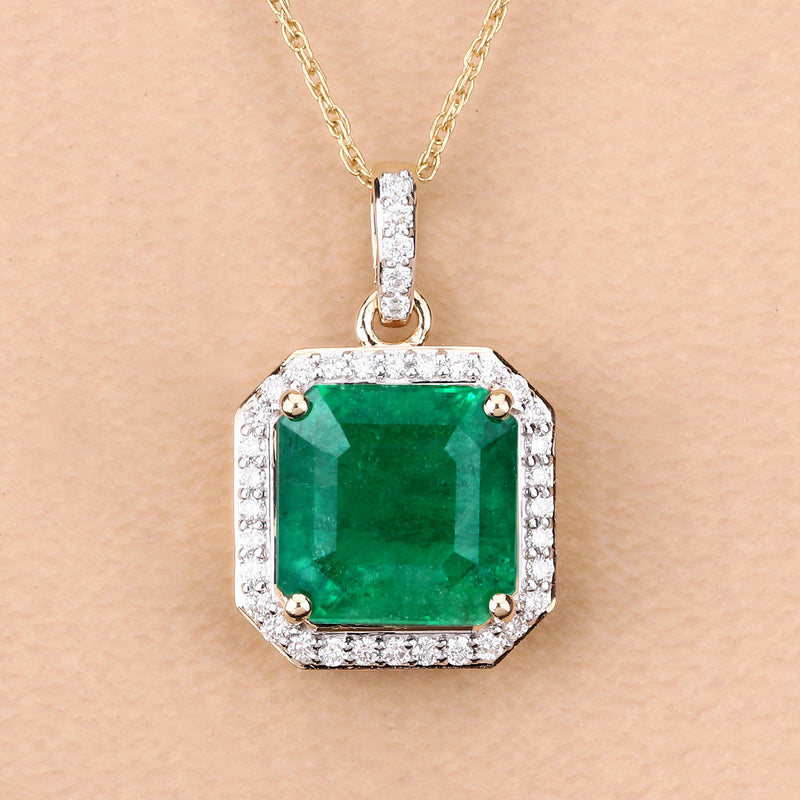 IGI Certified 4.23 Carat Genuine Zambian Emerald and White Diamond 14K Yellow Gold Pendant