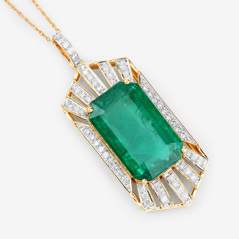 IGI Certified 19.34 Carat Genuine Zambian Emerald and White Diamond 14K Yellow Gold Pendant