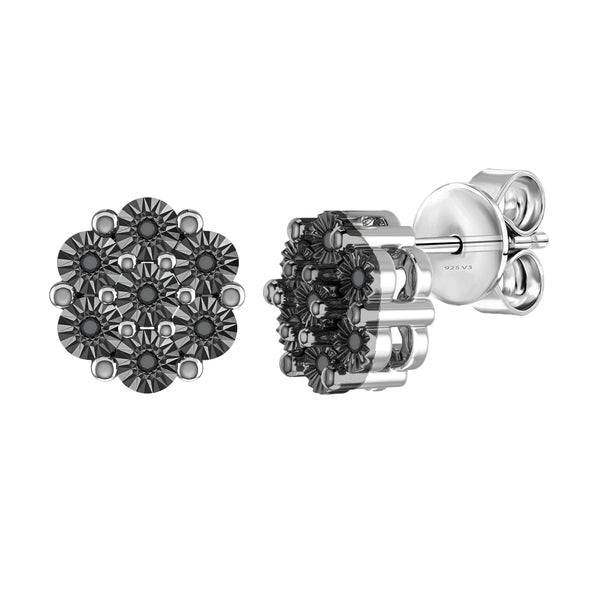 V3 Jewelry Natural Black Diamond Sterling Silver Flower Earrings for Women