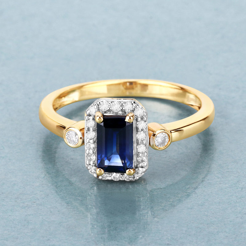 1.08 Carat Genuine Blue Sapphire and White Diamond 14K Yellow Gold Ring