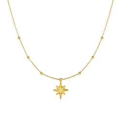 14k Yellow Gold Necklace with Eight Pointed Star and Beads