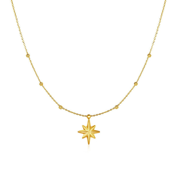 14k Yellow Gold Necklace with Eight Pointed Star and Beads