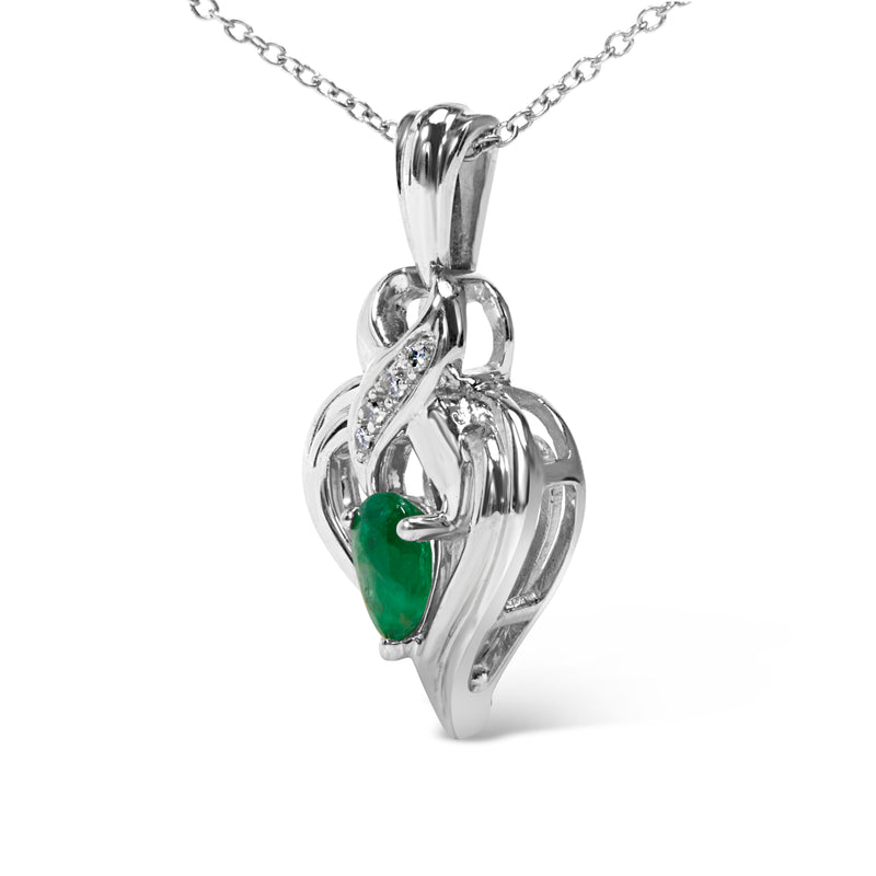 .925 Sterling Silver 6x4mm Pear Emerald and Diamond Accent Heart Pendant Necklace (H-I Color, SI1-SI2 Clarity) - 18 Inches