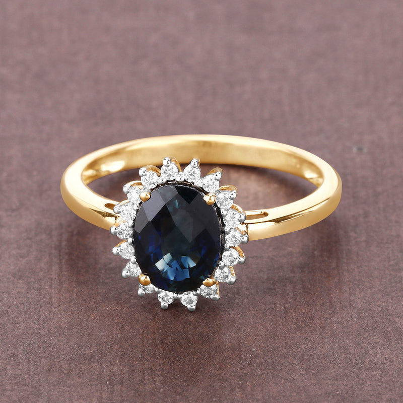 1.66 Carat Genuine Blue Sapphire and White Diamond 14K Yellow Gold Ring