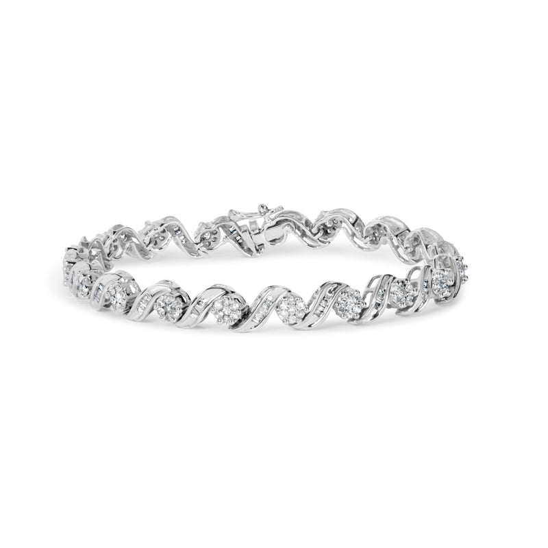 14K White Gold 2.00 Cttw Diamond Cluster and Spiral Link Bracelet (I-J Color, I1-I2 Clarity) - 7"