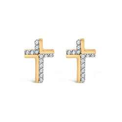 14K Yellow Gold Plated .925 Sterling Silver 1/10 Cttw Diamond Cross Stud Earring (I-J Color, I3 Clarity)