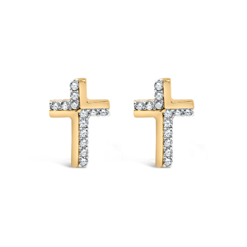 14K Yellow Gold Plated .925 Sterling Silver 1/10 Cttw Diamond Cross Stud Earring (I-J Color, I3 Clarity)