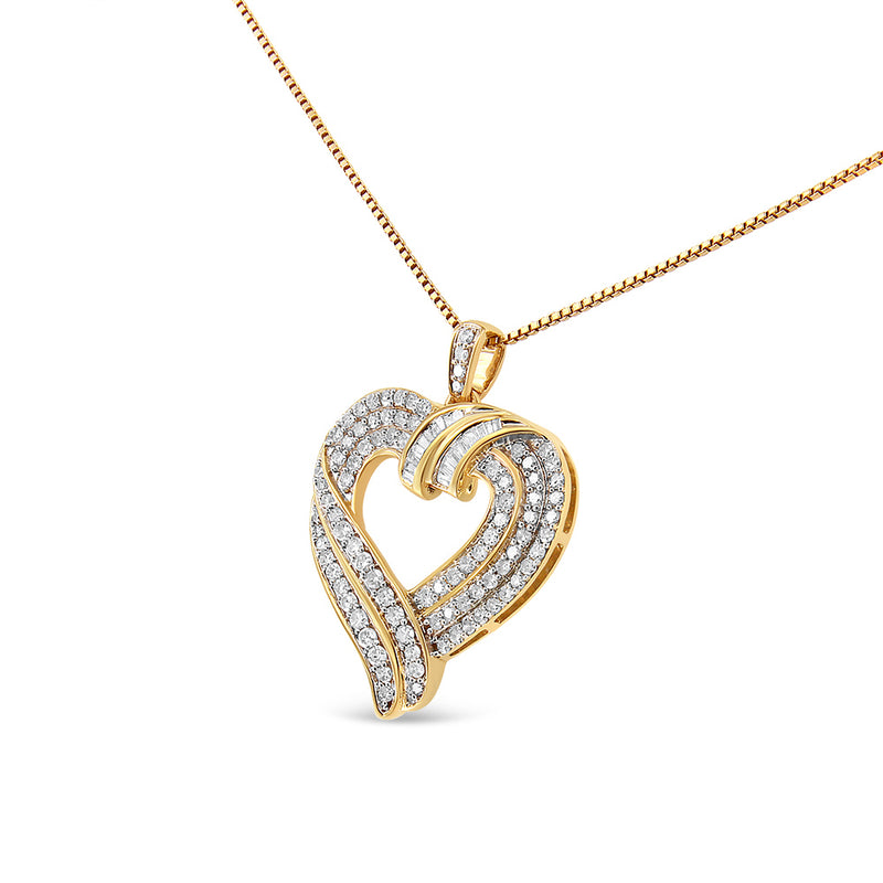 14K Yellow Gold Plated .925 Sterling Silver 1.00 Cttw Baguette Diamond Composite Open Heart 18" Inch Pendant Necklace (I-J Color, I1-I2 Clarity)