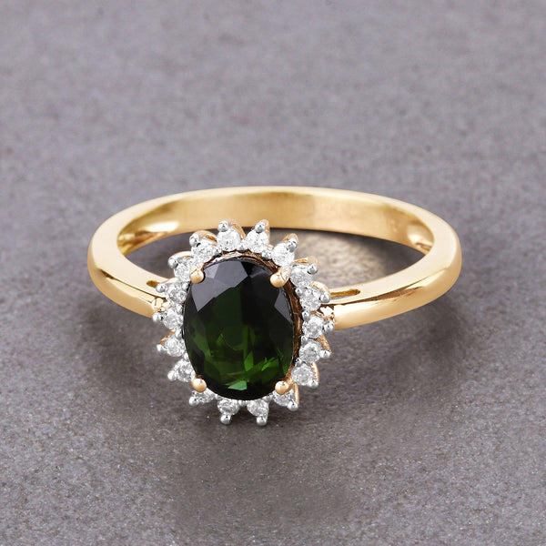 1.37 Carat Genuine Green Tourmaline and White Diamond 14K Yellow Gold Ring