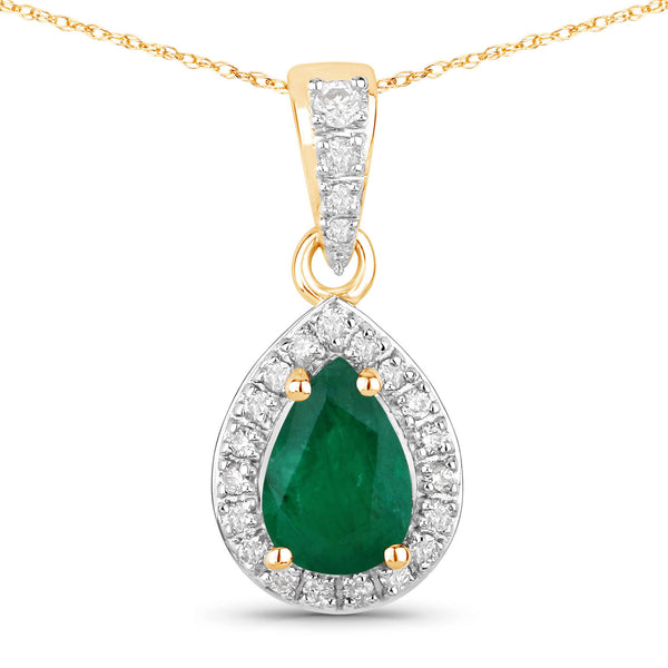 0.77 Carat Genuine Zambian Emerald and White Diamond 14K Yellow Gold Pendant