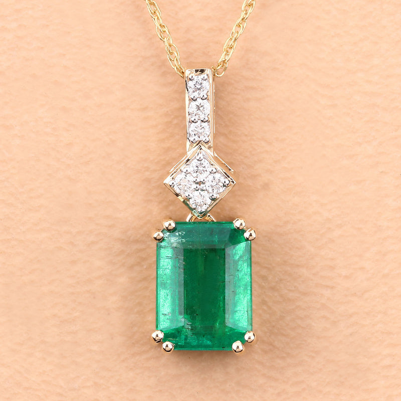 IGI Certified 2.24 Carat Genuine Zambian Emerald and White Diamond 14K Yellow Gold Pendant