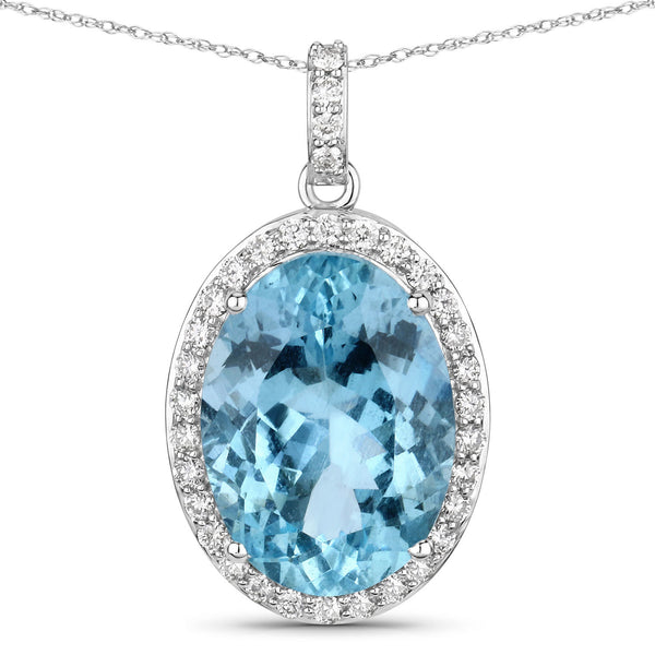 9.59 Carat Genuine Aquamarine and White Diamond 14K White Gold Pendant