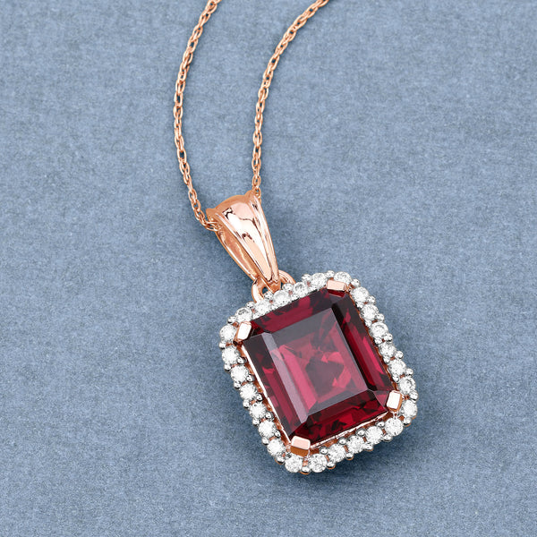 8.13 Carat Genuine Rhodolite and White Diamond 14K Rose Gold Pendant