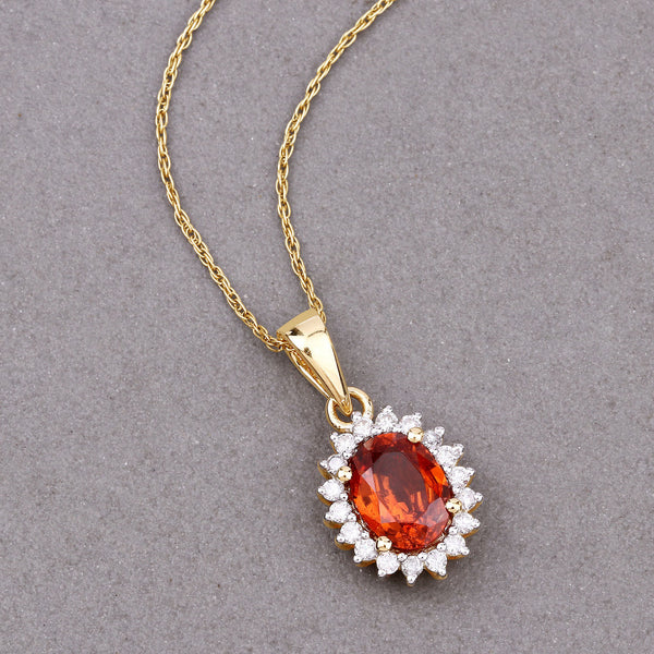 1.87 Carat Genuine Spessartite Garnet and White Diamond 14K Yellow Gold Pendant