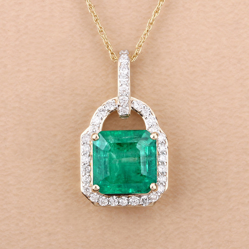 IGI Certified 3.37 Carat Genuine Zambian Emerald and White Diamond 14K Yellow Gold Pendant