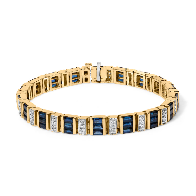 14K Yellow Gold 2/5 Cttw Diamond & 8.0 Cttw Baguette Cut Blue Sapphire Alternating Link Bracelet (G-H Color, VS1-VS2 Clarity) - 7" Inches