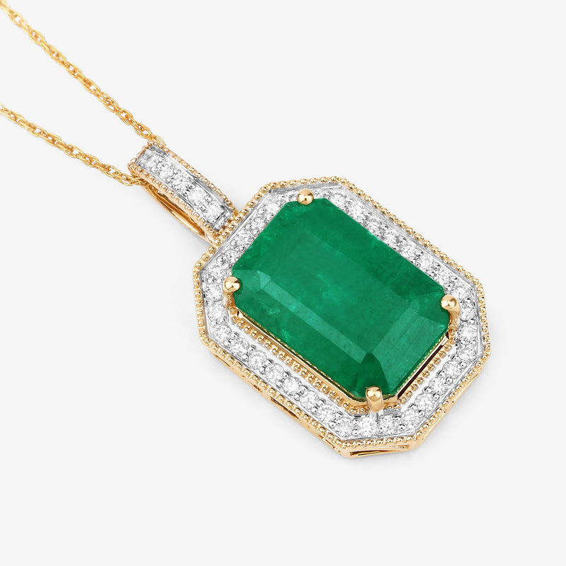 IGI Certified 8.74 Carat Genuine Zambian Emerald and White Diamond 14K Yellow Gold Pendant