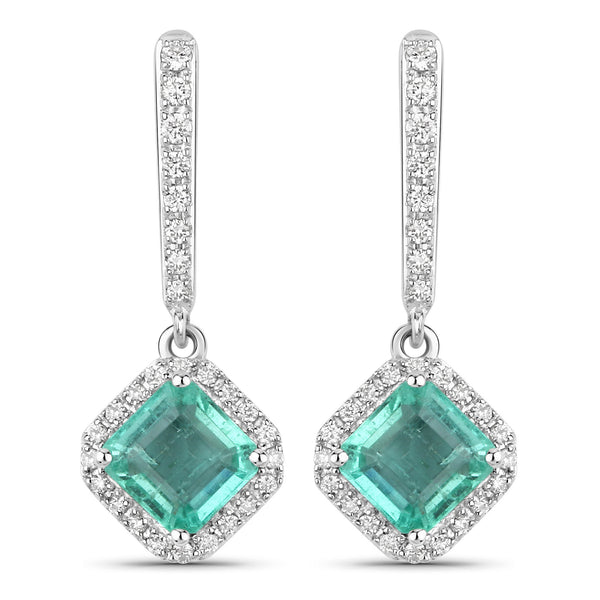 1.97 Carat Genuine Emerald and White Diamond 14K White Gold Earrings