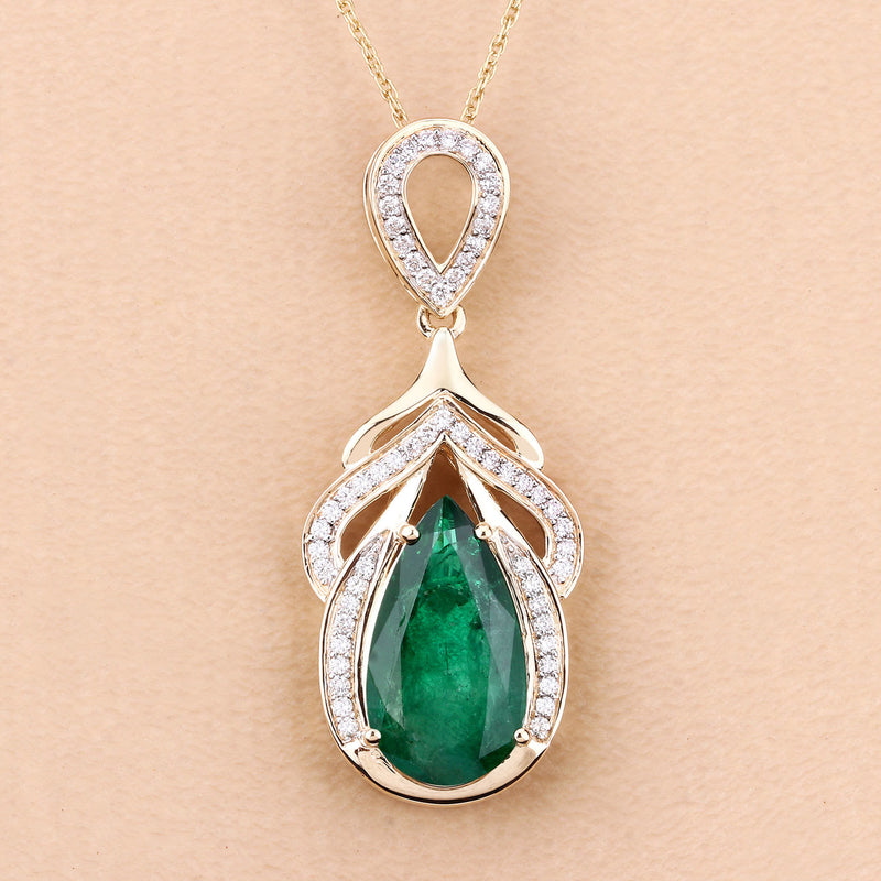 IGI Certified 4.33 Carat Genuine Zambian Emerald and White Diamond 14K Yellow Gold Pendant