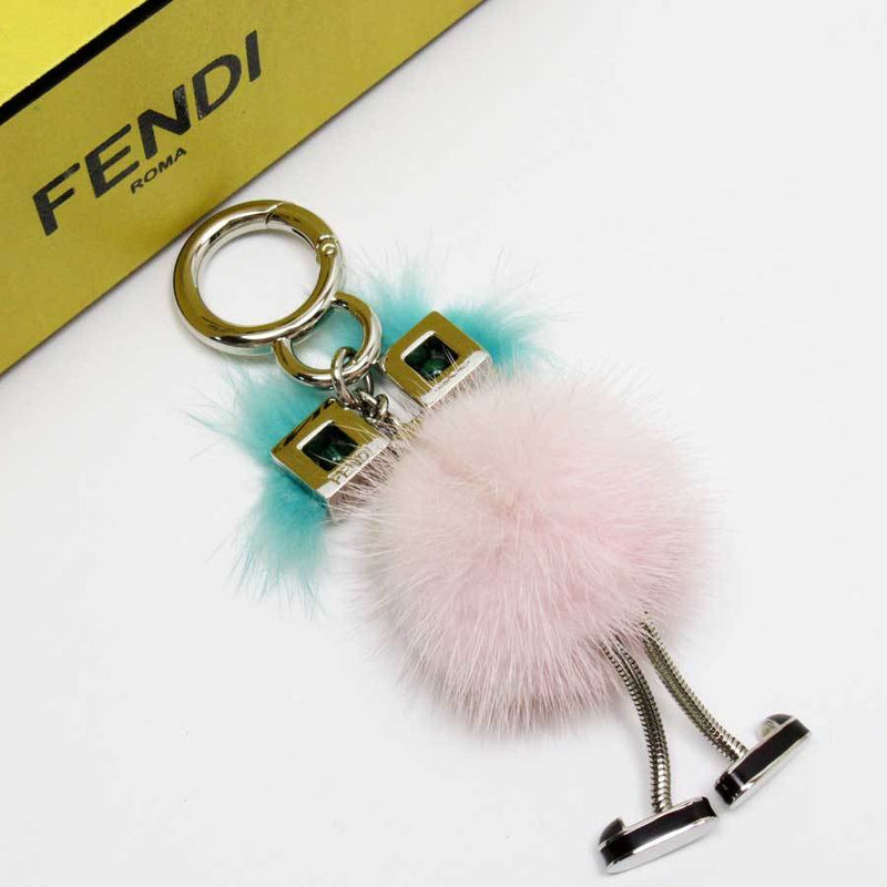 Fendi FENDI Keychain Charm Pink Green Silver Fur Color Stone