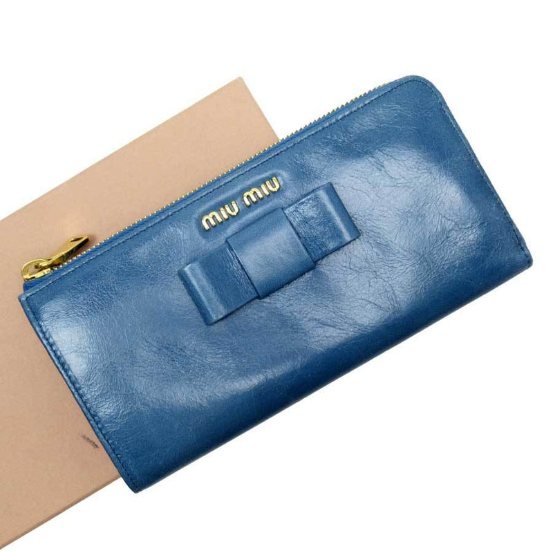 Miu Miu Miu L-shaped zipper wallet Blue gold leather