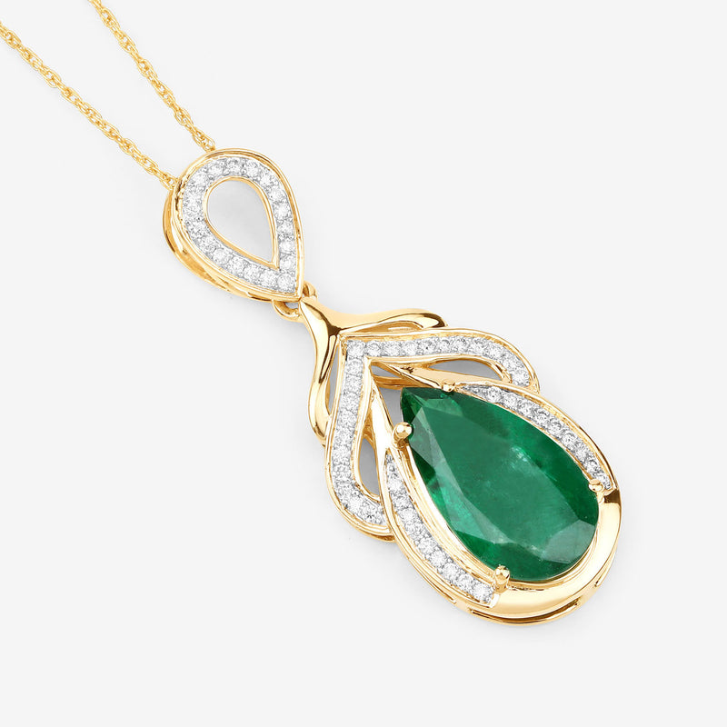 IGI Certified 4.33 Carat Genuine Zambian Emerald and White Diamond 14K Yellow Gold Pendant