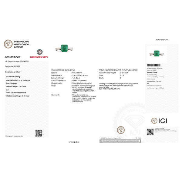 IGI Certified 1.55 Carat Genuine Zambian Emerald and White Diamond 14K White Gold Ring