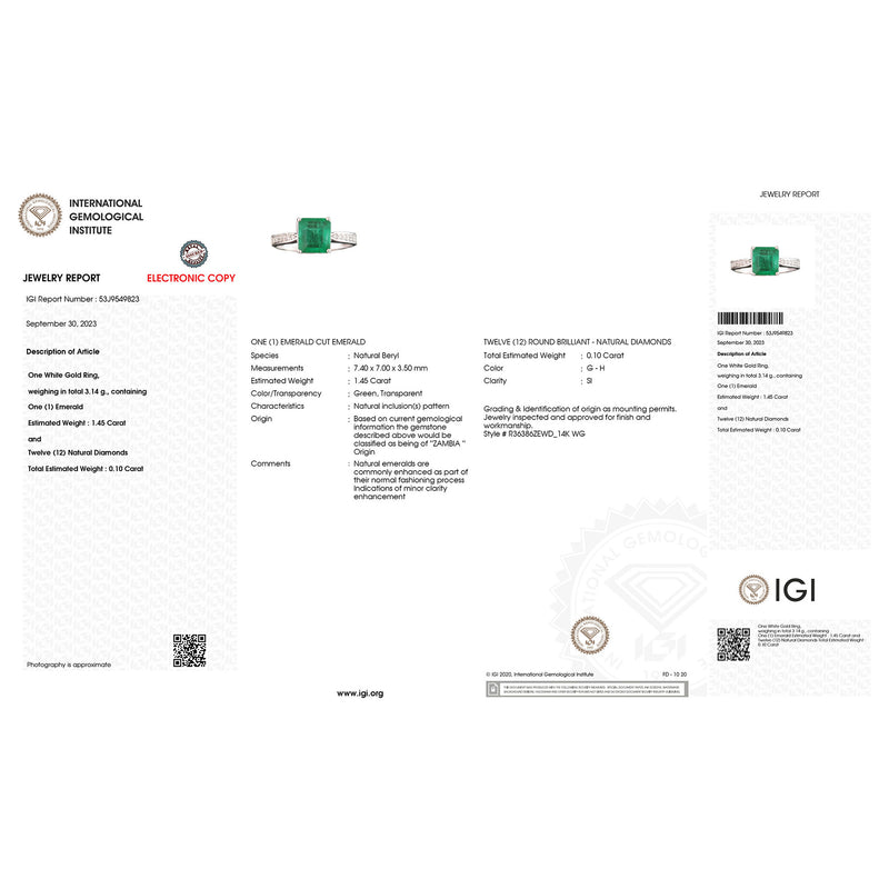 IGI Certified 1.55 Carat Genuine Zambian Emerald and White Diamond 14K White Gold Ring