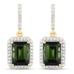 3.56 Carat Genuine Green Tourmaline and White Diamond 14K Yellow Gold Earrings