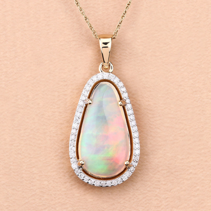 2.60 Carat Genuine Ethiopian Opal and White Diamond 14K Yellow Gold Pendant