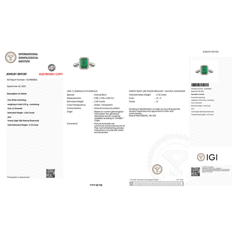 IGI Certified 2.22 Carat Genuine Zambian Emerald and White Diamond 14K White Gold Ring