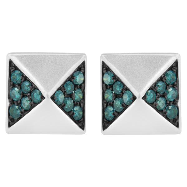 14K White Gold 1/4 Cttw Treated Blue Diamond Pyramid Stud Earring (Blue Color, SI1-SI2 Clarity)