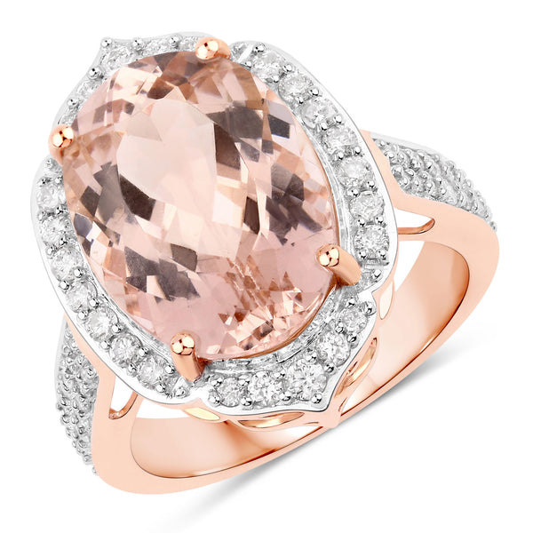 8.07 Carat Genuine Morganite and White Diamond 14K Rose Gold Ring