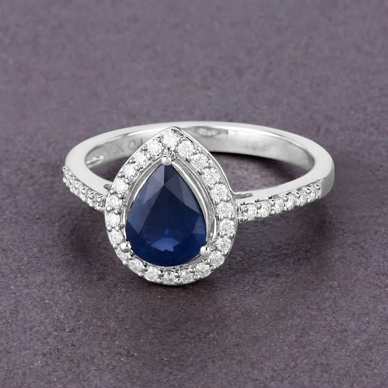 1.71 Carat Genuine Blue Sapphire and White Diamond 14K White Gold Ring