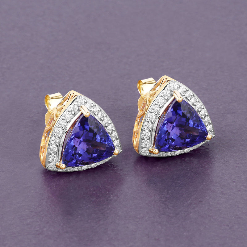 4.62 Carat Genuine Tanzanite and White Diamond 14K Yellow Gold Earrings