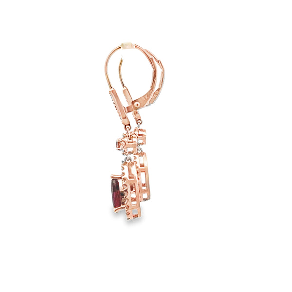 Rhodolite Garnet Diamond Dangle Earrings 14KT Rose Gold