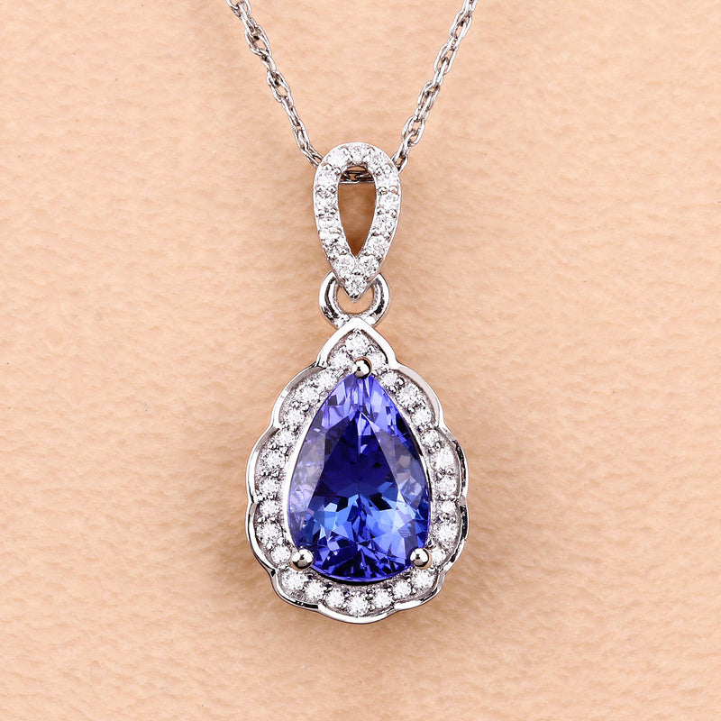 1.94 Carat Genuine Tanzanite and White Diamond 14K White Gold Pendant