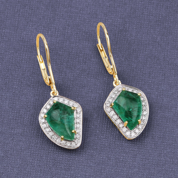 6.40 Carat Genuine Colombian Emerald and White Diamond 14K Yellow Gold Earrings