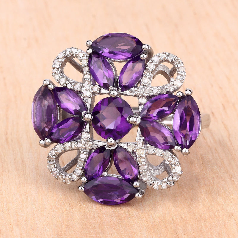 4.88 Carat Genuine Amethyst and White Diamond .925 Sterling Silver Ring