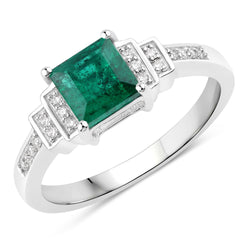 1.09 Carat Genuine Zambian Emerald and White Diamond 14K White Gold Ring